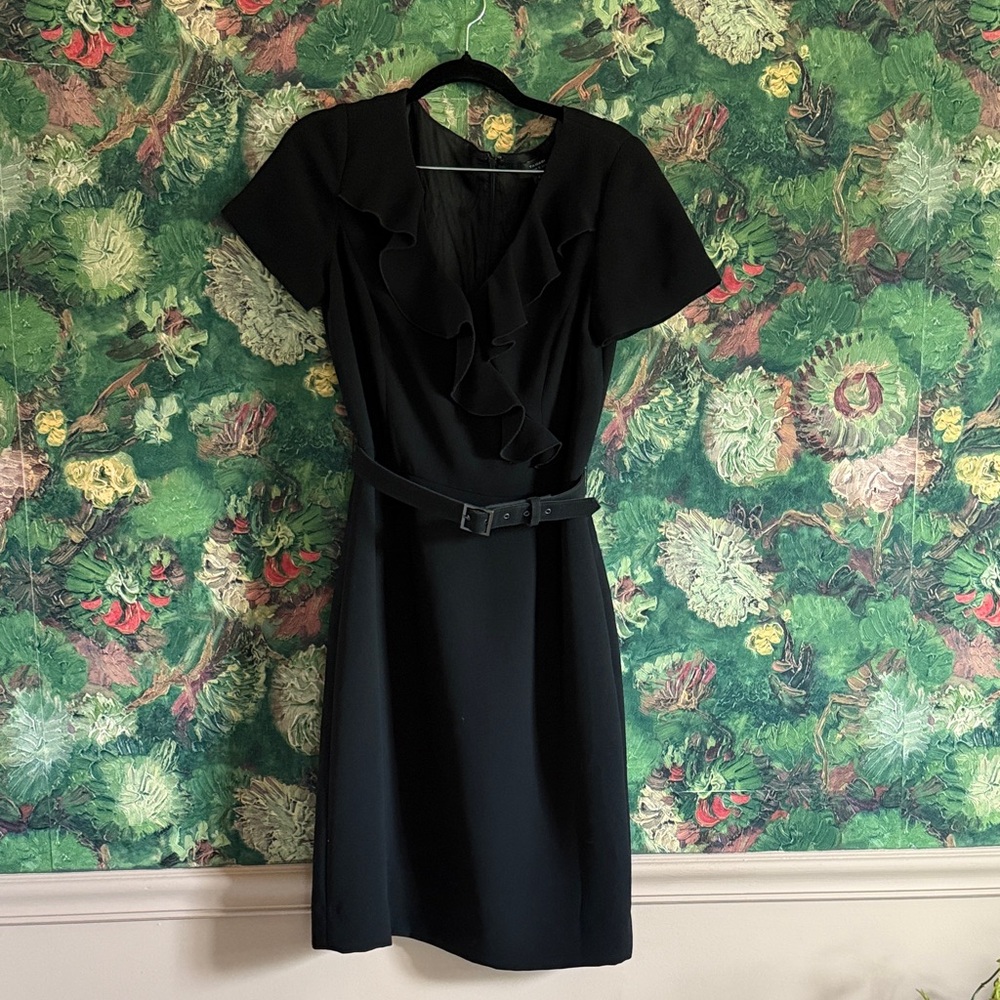 Elegant Black Midi Dress with Ruffle Front